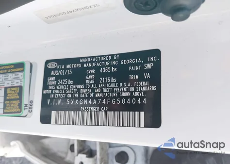 2015 Kia Optima Ex z USA, uszkodzony, nr VIN 5XXGN4A74FG504044